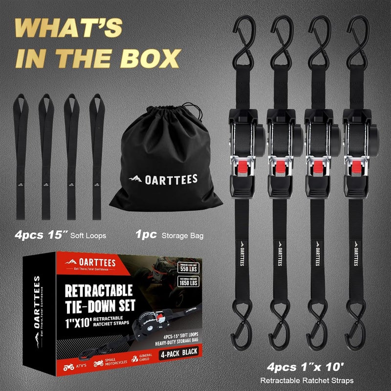 OARTTEES Retractable Ratchet Straps (4-Pack) - 1 Inch x 10 Feet (1,650lb Break Strength) - Heavy Duty Auto Self Retracting Tie Down Straps for Truck, Cargo Trailer, Motorcycle, ATV, UTV - Black - Image 5